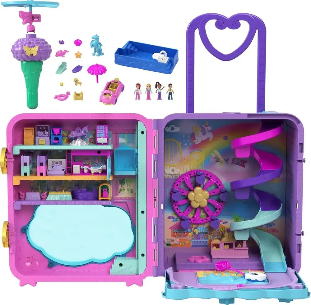 Polly Pocket Dolls Pollyville 3 story Resort Roll Away Playset 25+ Pieces NWT